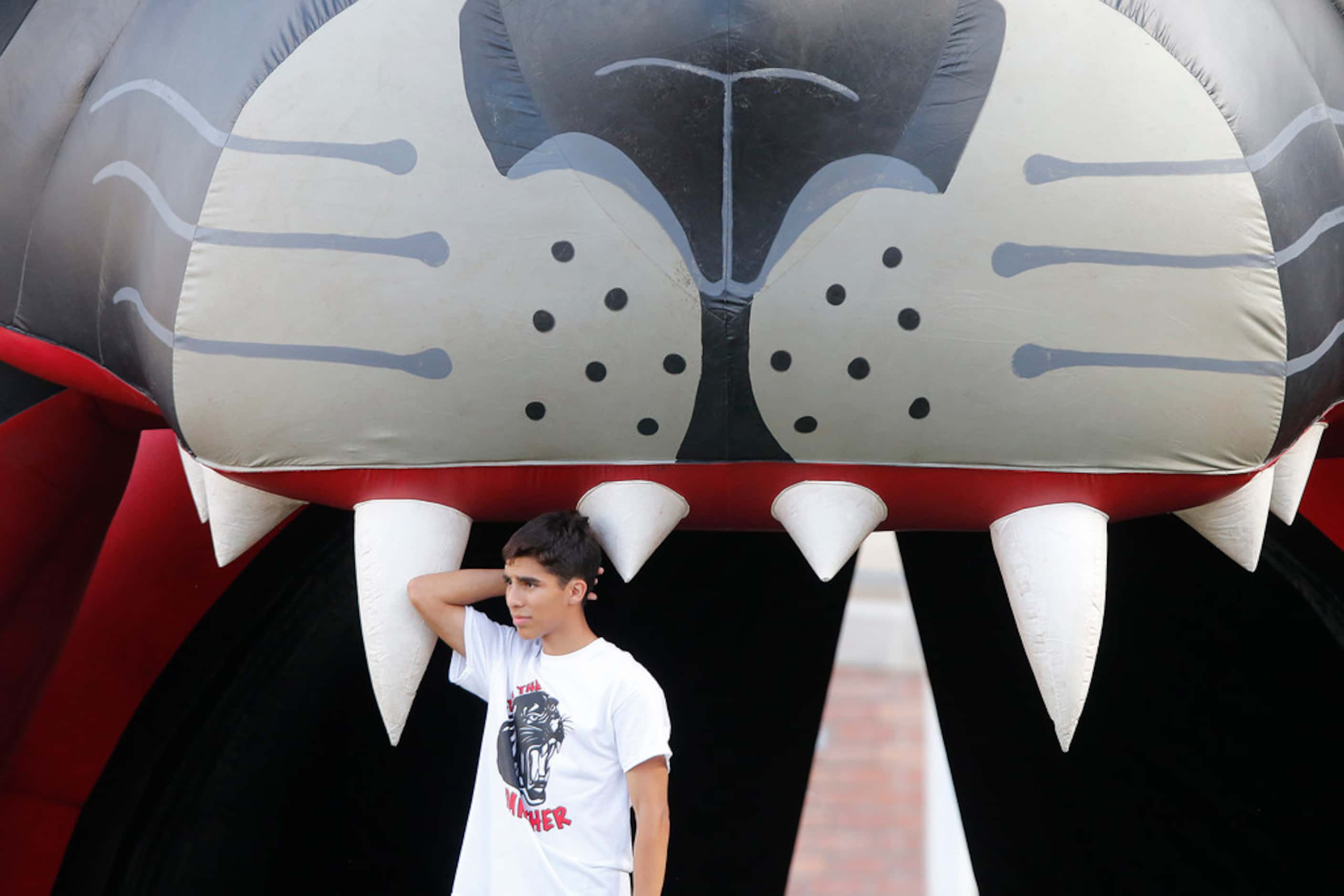 Colleyville Heritage student Nathan Yanes, 15, stands under the inflatable panther before...