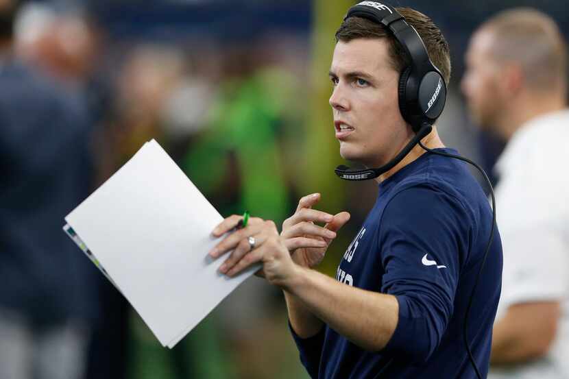Dallas Cowboys offensive coordinator Kellen Moore on the sideline during the second half of...