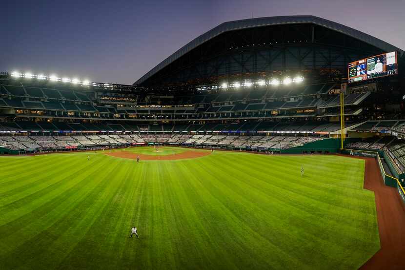 A panoramic view of the stadium with the roof as the Texas Rangers host the Houston Astros...