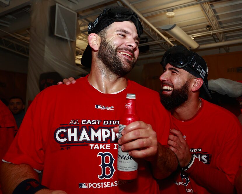 BOSTON, MA - SEPTEMBER 30:  Mitch Moreland #18 and Deven Marrero #17 of the Boston Red Sox...