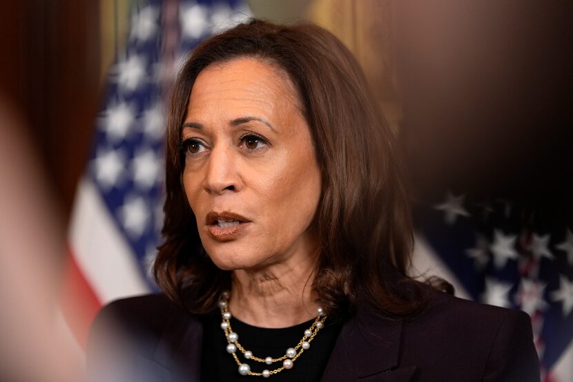 Vice President Kamala Harris speaks after a meeting with Israeli Prime Minister Benjamin...