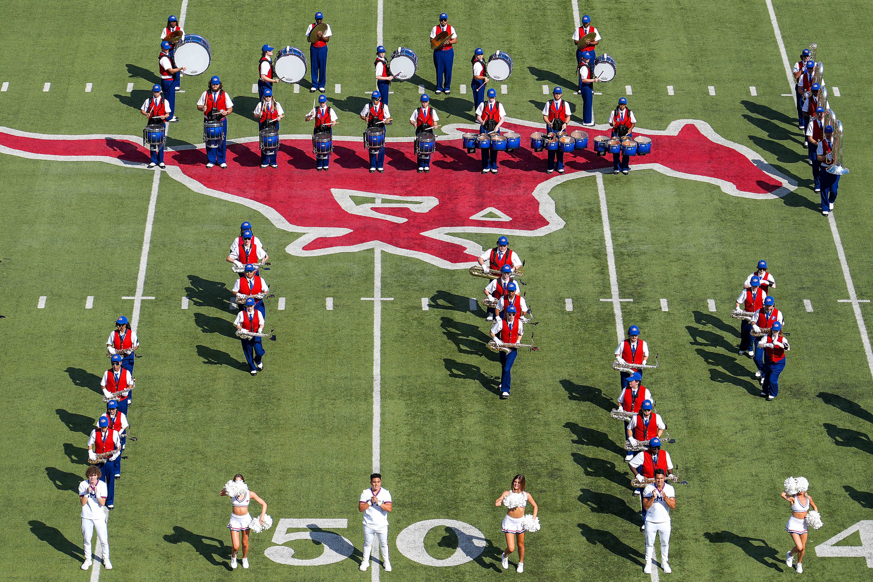 The SMU band performs before an NCAA football game against TCU at Ford Stadium on Saturday,...