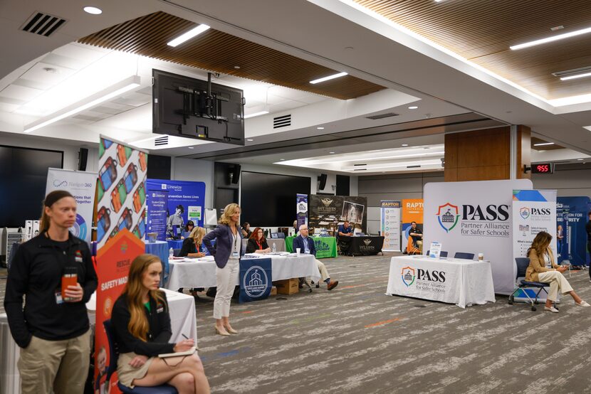 Michele Gay (middle) among student and school safety vendors during Dallas School Safety...