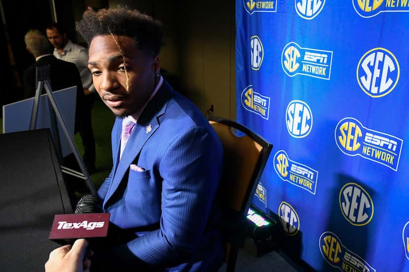 Texas A&M running back Trayveon Williams is interviewed during NCAA college football...