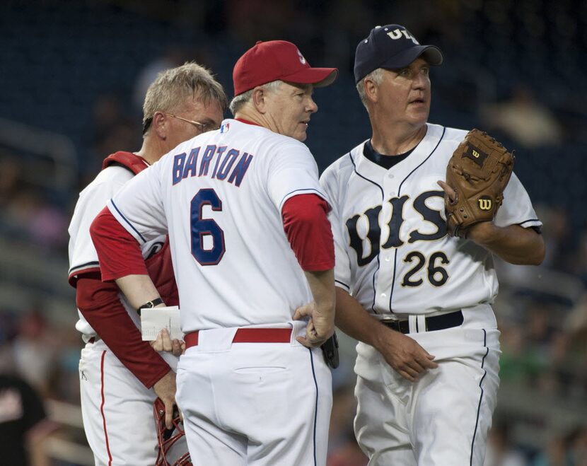 From left: Rep. Todd Platts, R-Pa., manager Joe Barton, R-Texas, and pitcher John Shimkus,...