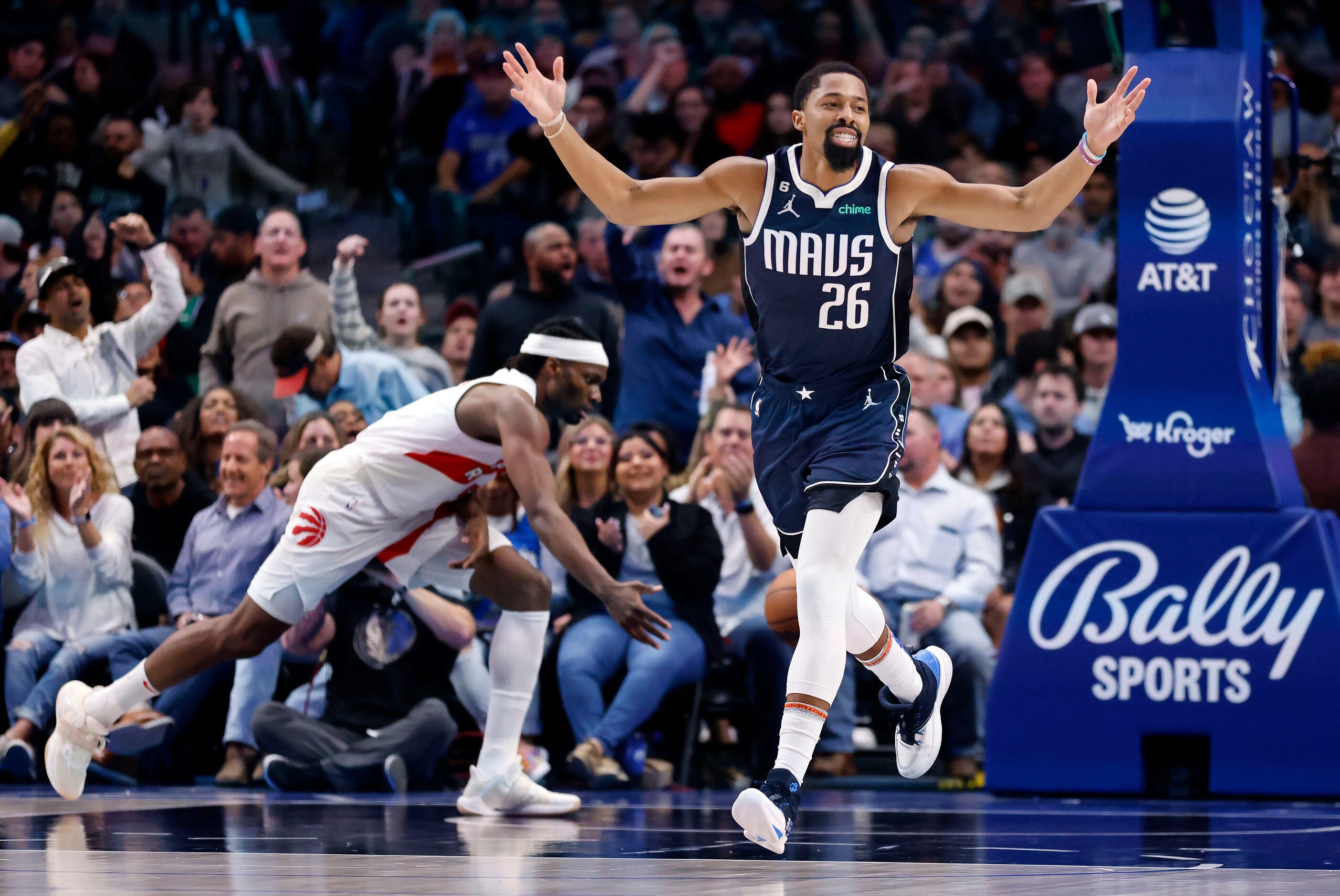 Dallas Mavericks guard Spencer Dinwiddie (26) looks for the call from officials after he...