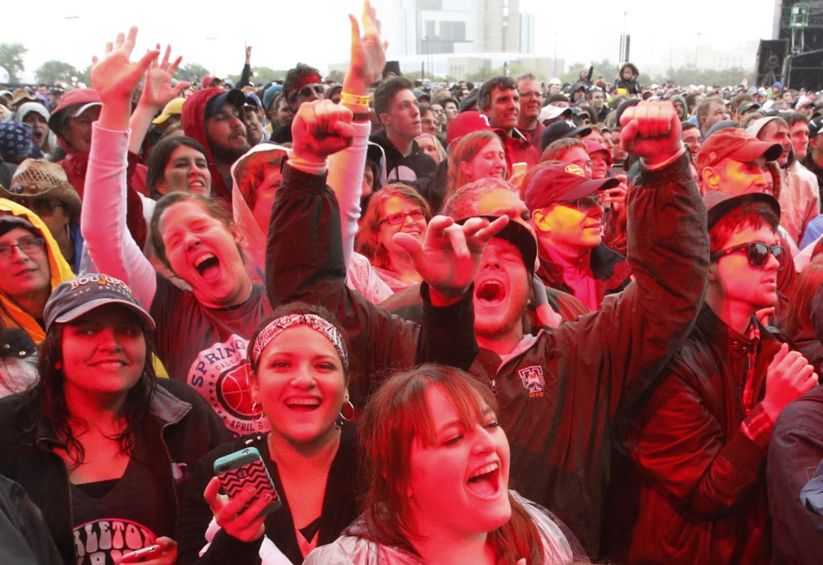 Fans enjoy the set by the band Fun. performs during the March Madness Music Festival in...