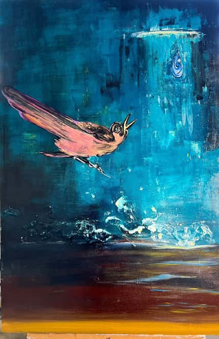 A painting of a bird thirsting for a drop of rain by artist Ameet Kaur.
