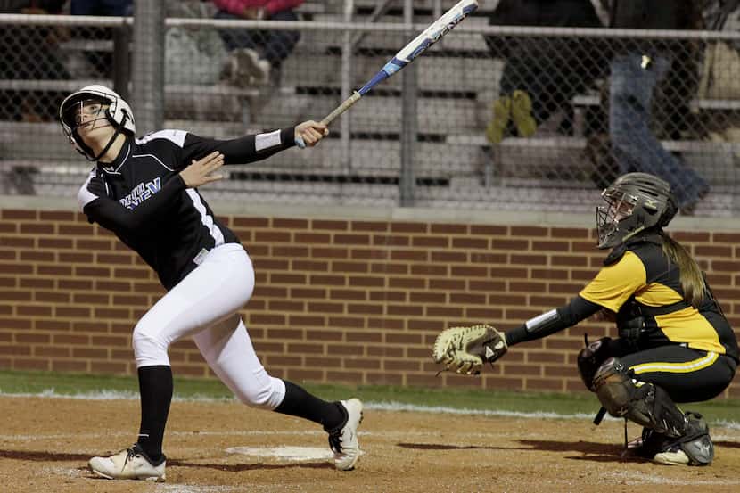 North Forney Falcons shortstop Peyton Hedrick (3) hits against the Forney Jackrabbits in the...