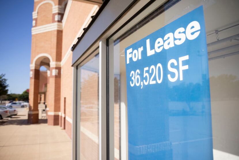 A “For Lease” sign on the former Stein Mart store in Preston Shepard Place in Plano. 