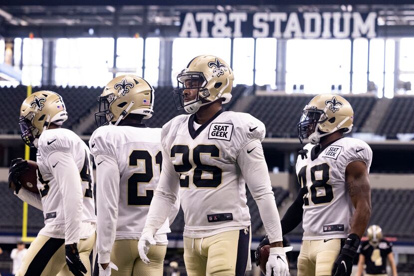 New Orleans Saints practice on Monday, Aug. 30, 2021, at AT&T Stadium in Arlington. The New...