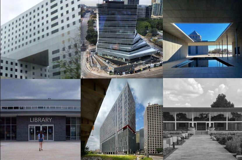 Clockwise from top left. New Parkland hospital; the Rolex Building; St. Sarkis Armenian...