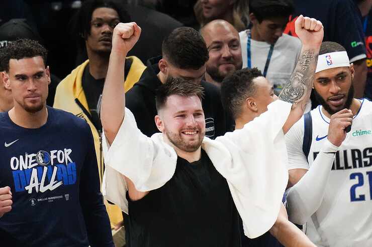 Dallas Mavericks guard Luka Doncic celebrates after a victory over the Oklahoma City Thunder...