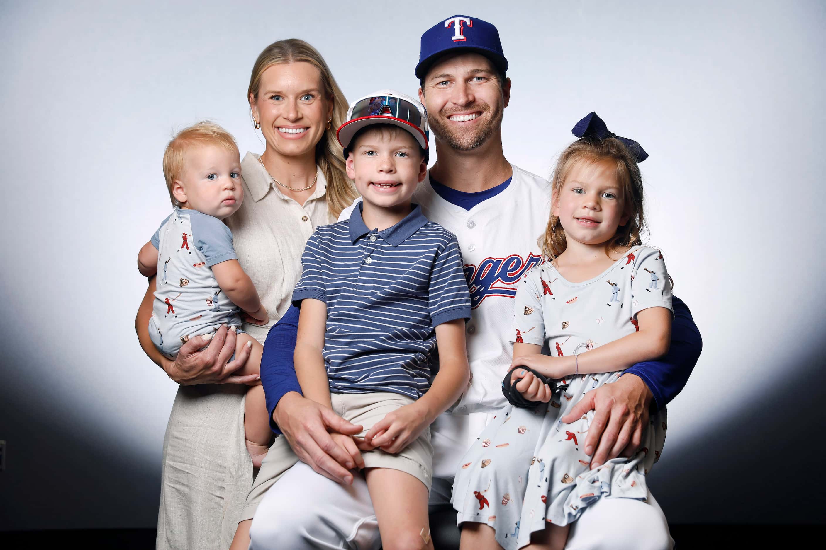 Texas Rangers Jacob deGrom with his wife  Stacey and children (from left) Nolan, Jaxon and...