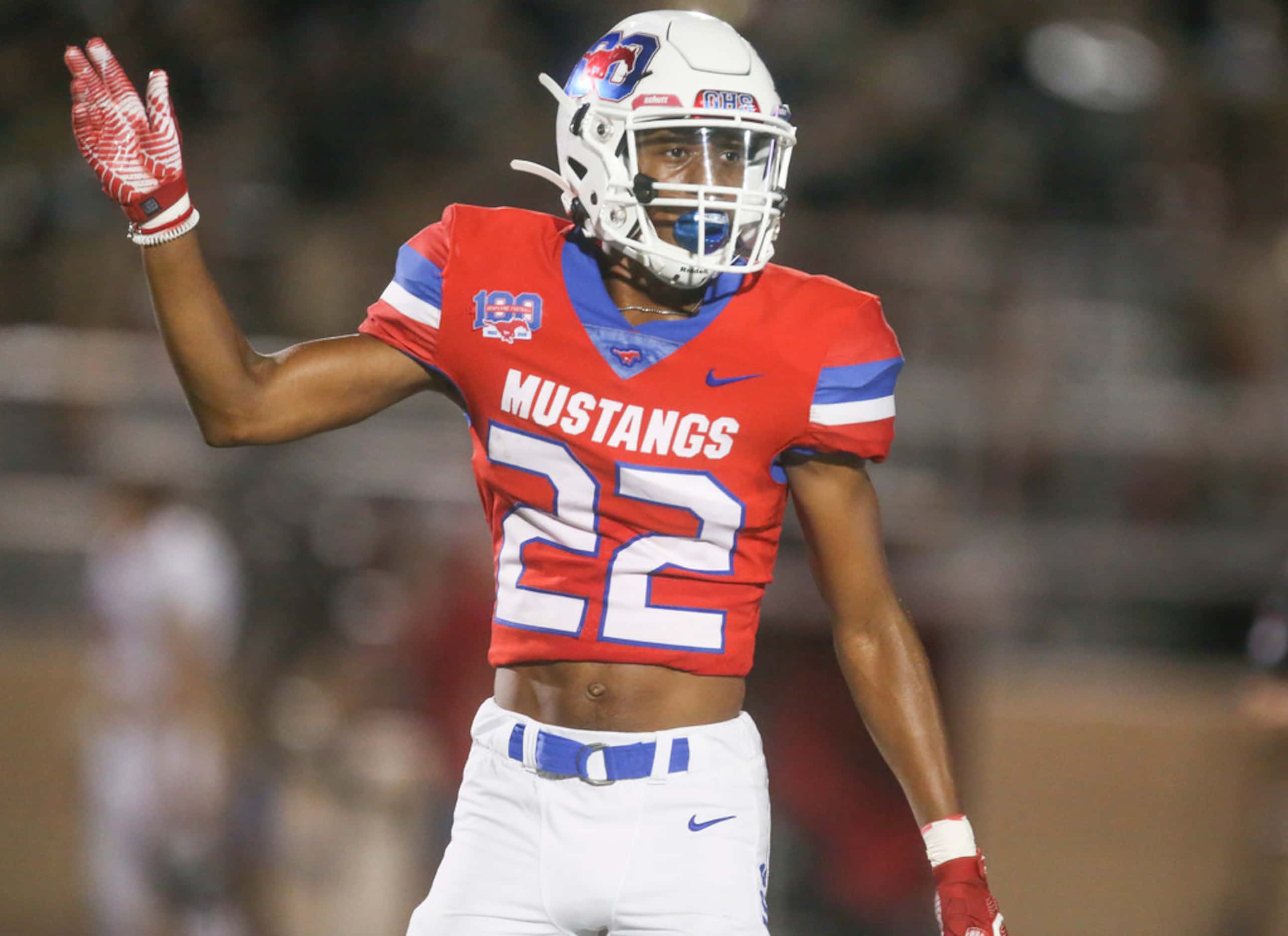 Grapevine wide receiver Elijah Steele (22) celebrates after his team recovered an onside...