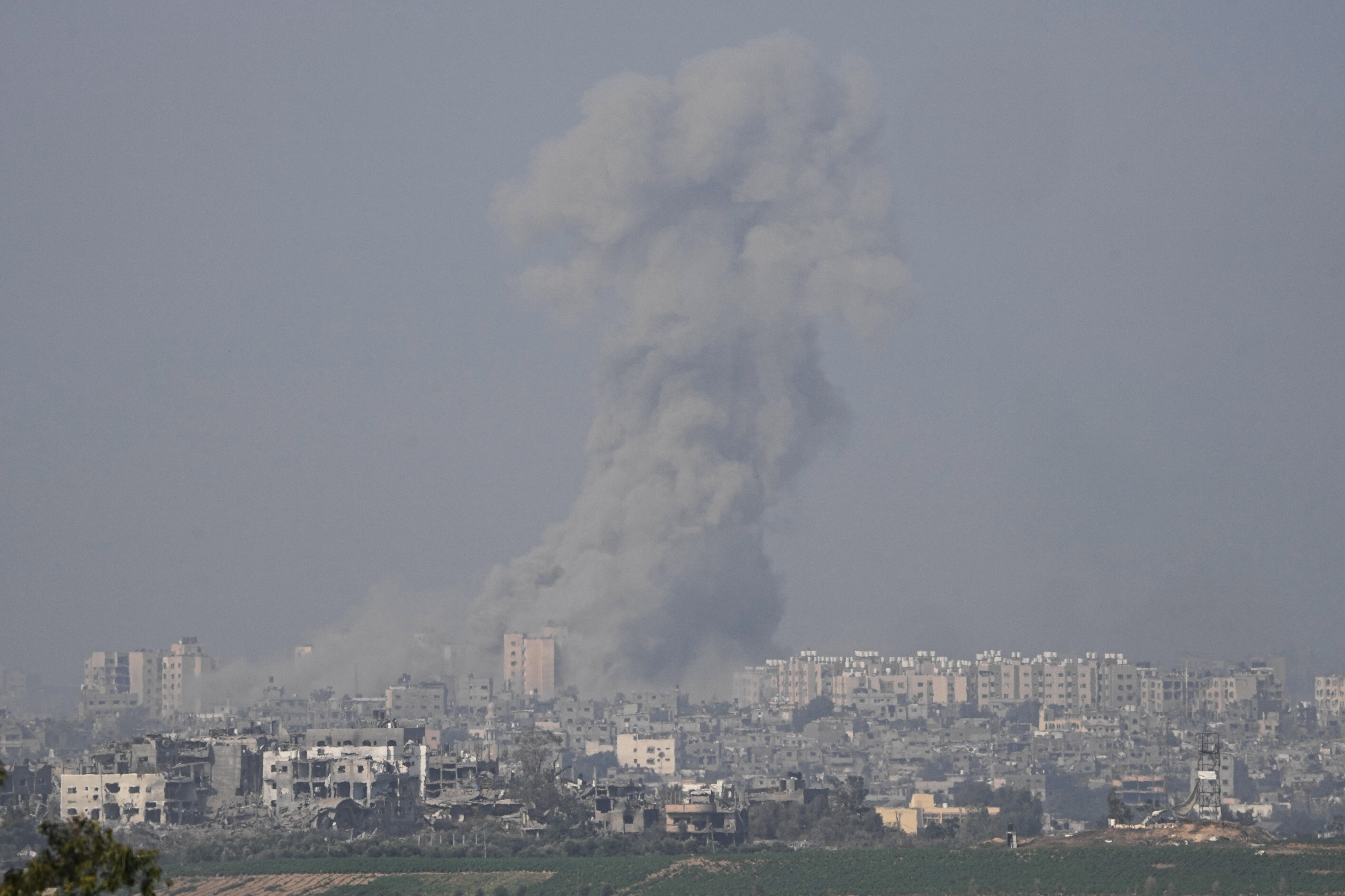 Smoke rises following an Israeli airstrike in the Gaza Strip, as seen from southern Israel,...