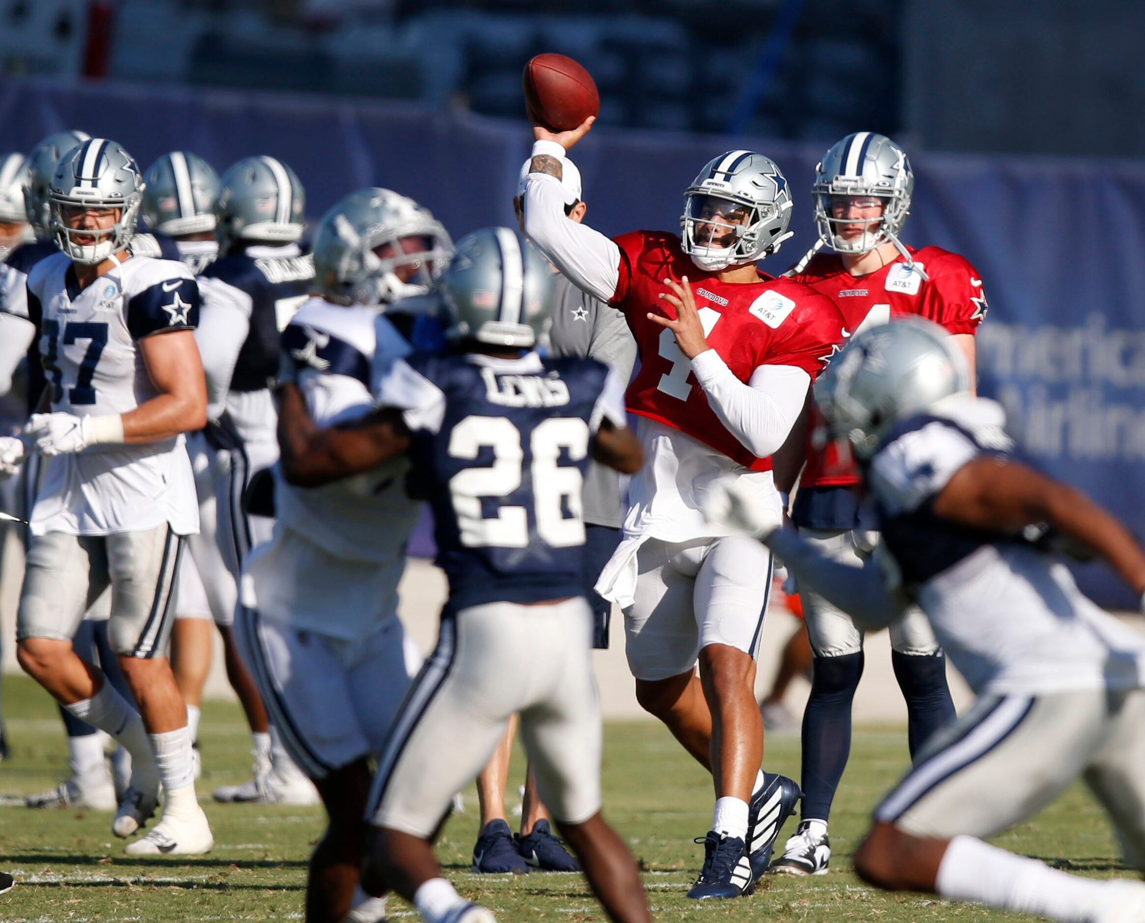 Dallas Cowboys quarterback Dak Prescott (4) attempts a pass in practice during training camp...