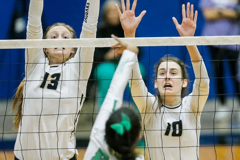 Flower Mound's Abby Butler (right), pictured trying to block a shot against Southlake...