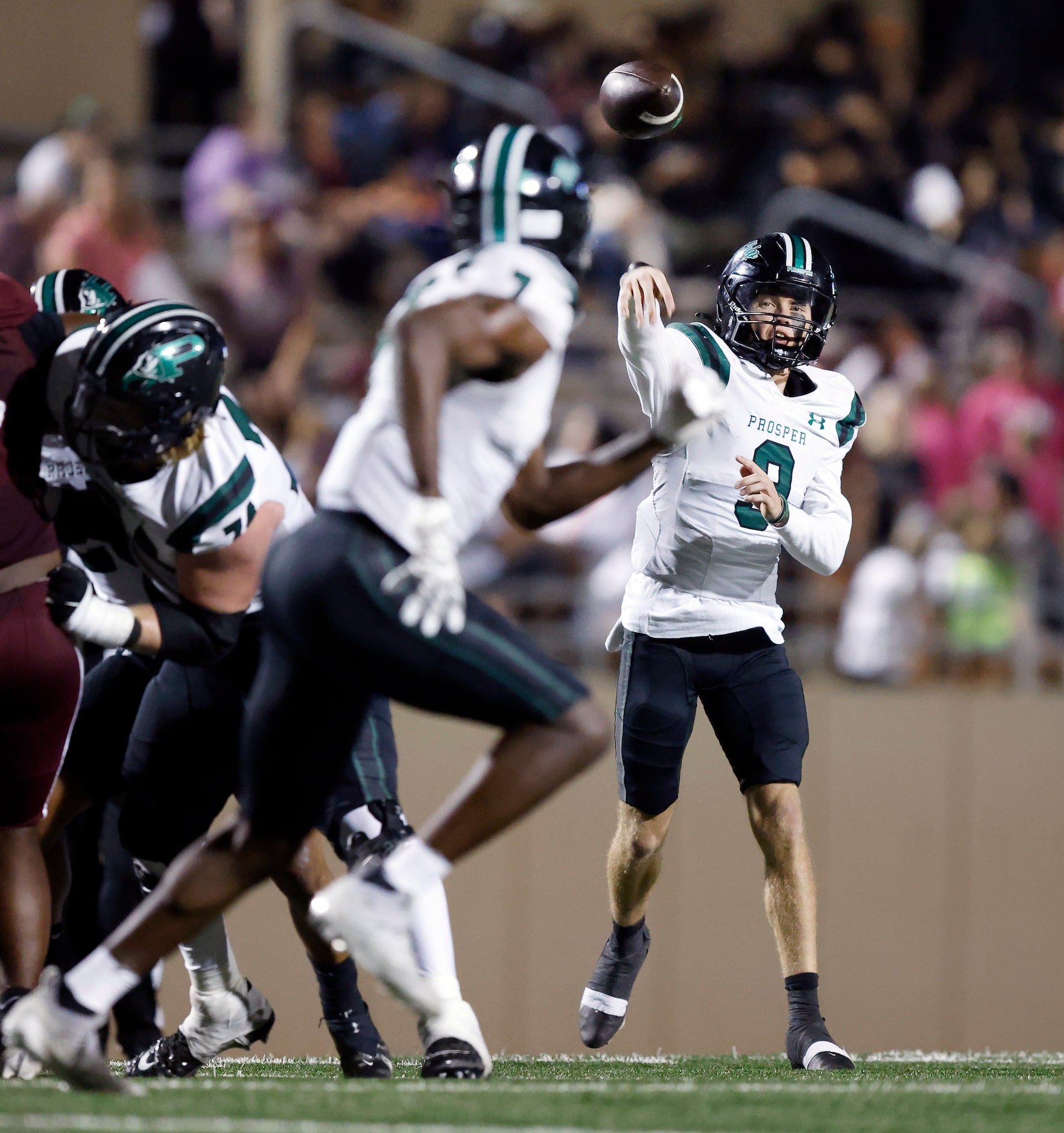 Prosper High quarterback Braeden Imhoff (9) throws a first half pass to receiver Jayden...