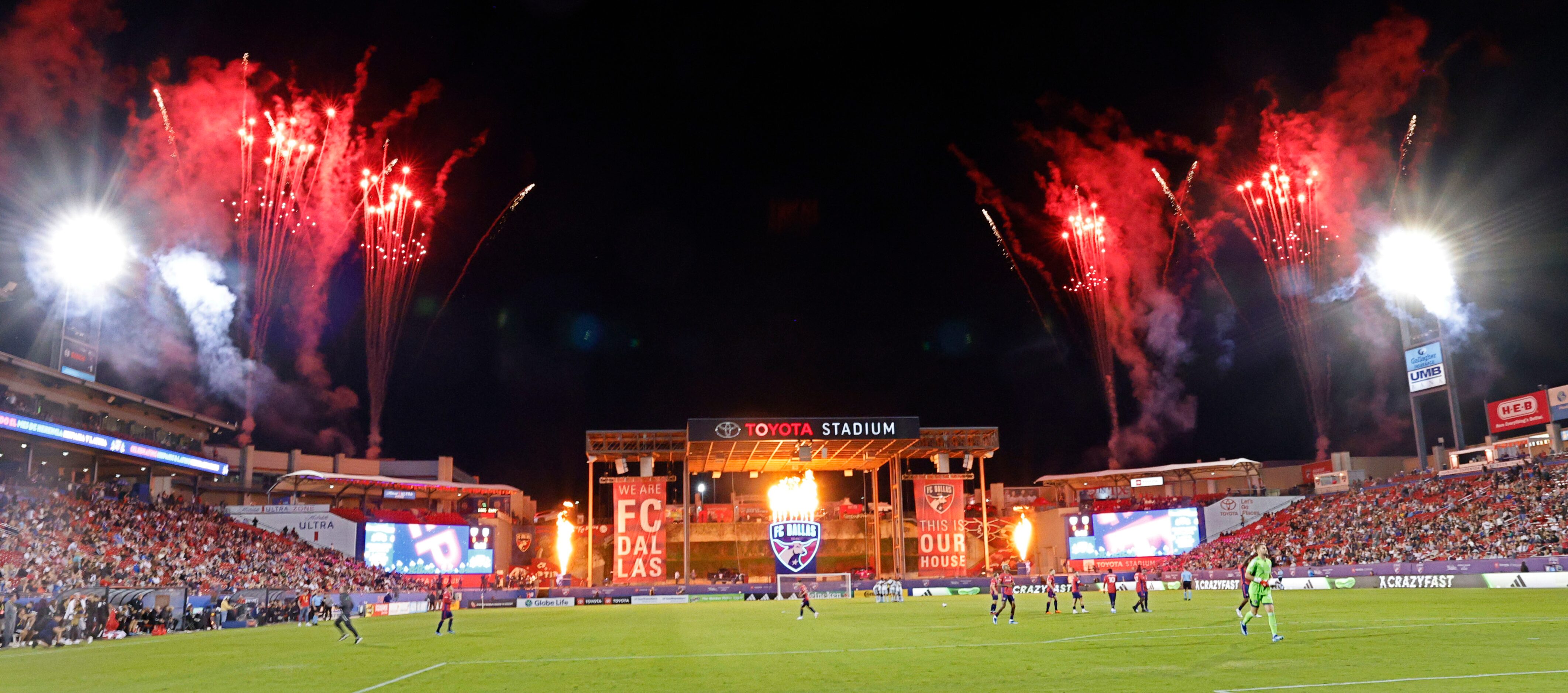 Fireworks go off before the start of an MLS soccer match between FC Dallas and San Jose...