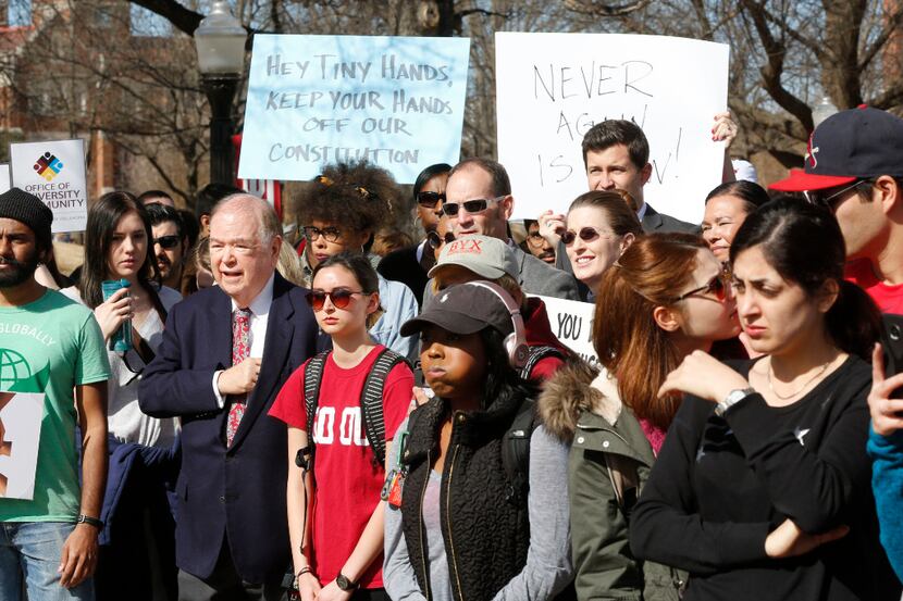 Students listen to talks from demonstrators during a "Rally for Diversity" on the campus of...