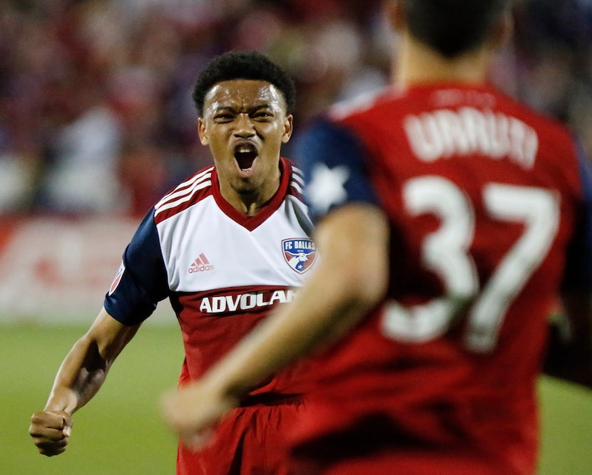 FC Dallas midfielder Jacori Hayes (15) reacts as he approaches FC Dallas forward Maximiliano...