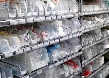 Medical supplies fill the shelves inside the Children’s Health airport hangar at Love Field...