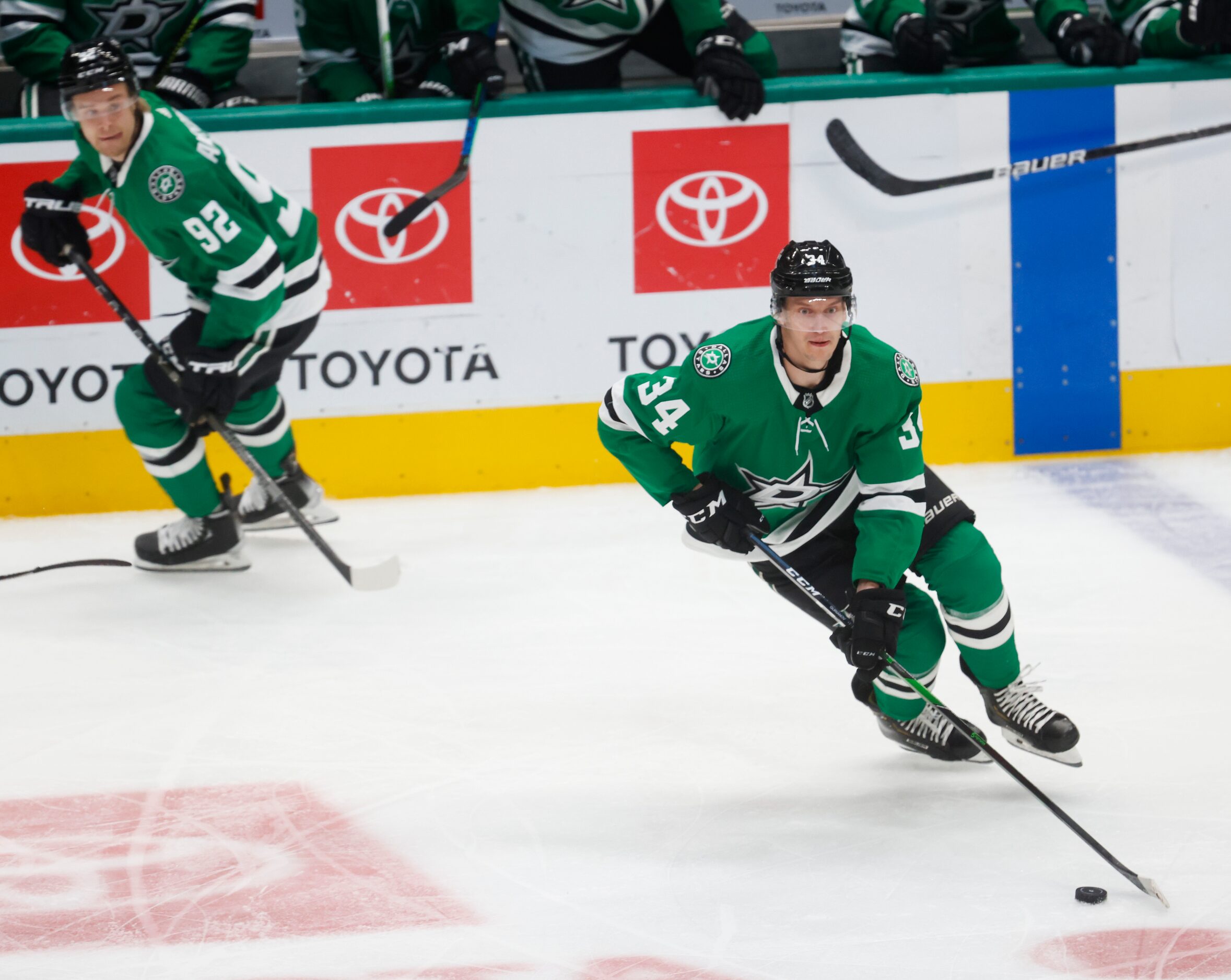 Dallas Stars right wing Denis Gurianov (34) guides the puck during a game against the Vegas...