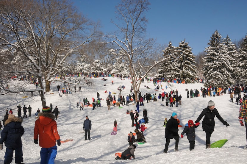 Sledders flock to Central Park to take advantage of winter snowfall in New York City. 