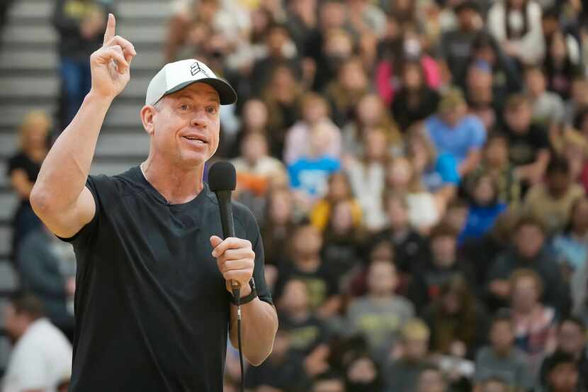 Troy Aikman addresses students during a pep rally at Henryetta High School last year in...