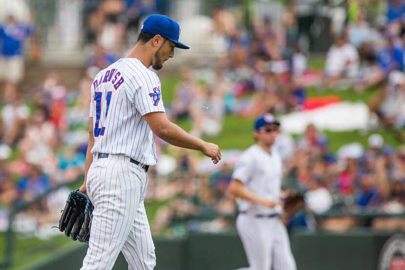 Chicago Cubs' Yu Darvish leaves the mound following the first inning during the Great Lakes...