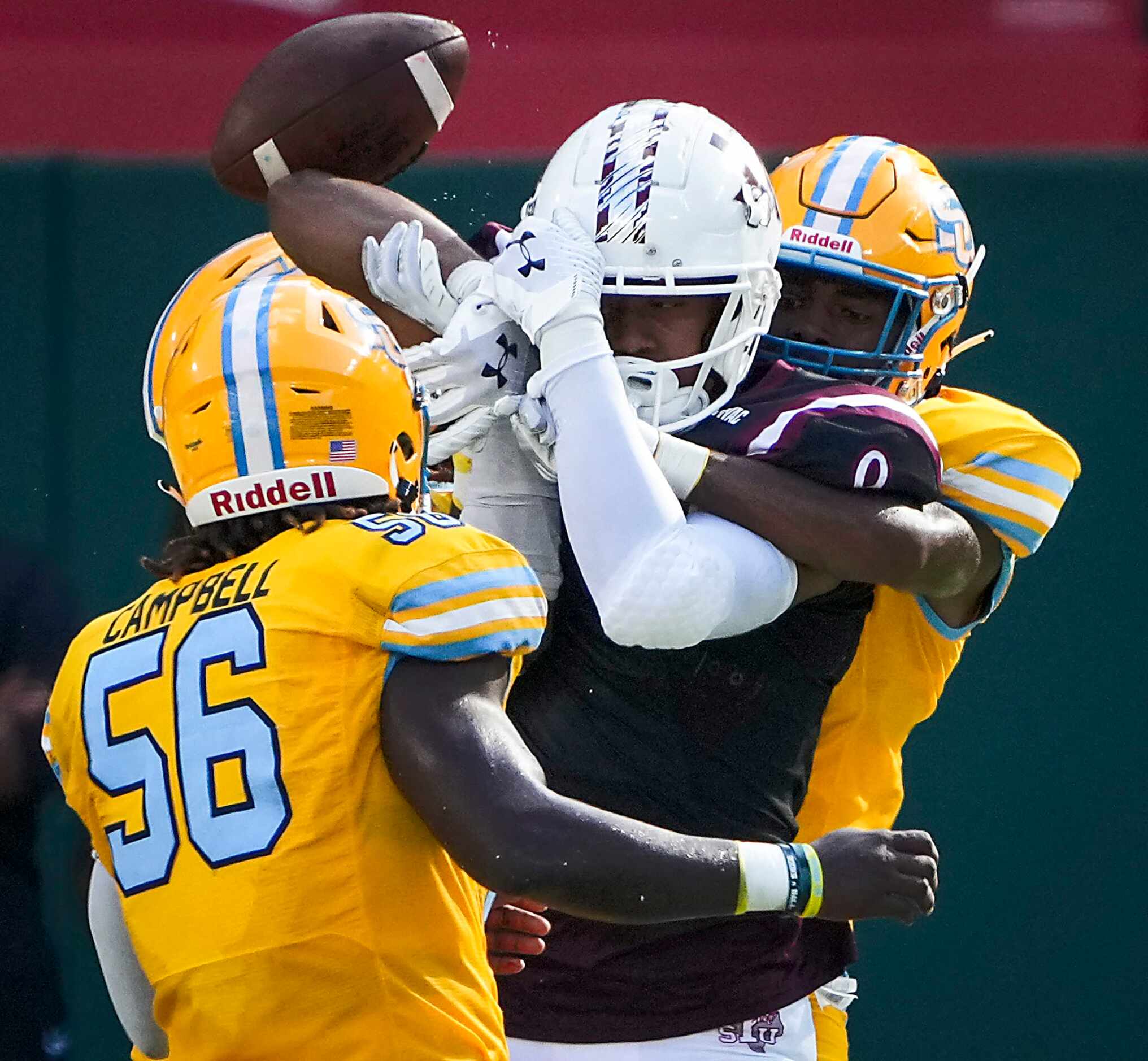 TSU wide receiver Tavaris Achane (9) has the ball knocked away by Southern defensive back...