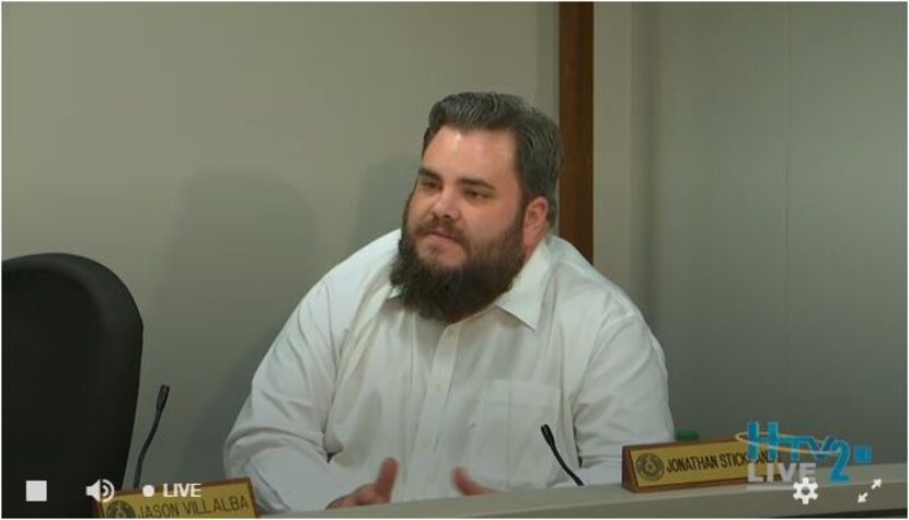 A screen shot of state Rep. Jonathan Stickland, R-Bedford, as he questioned witness Anita...