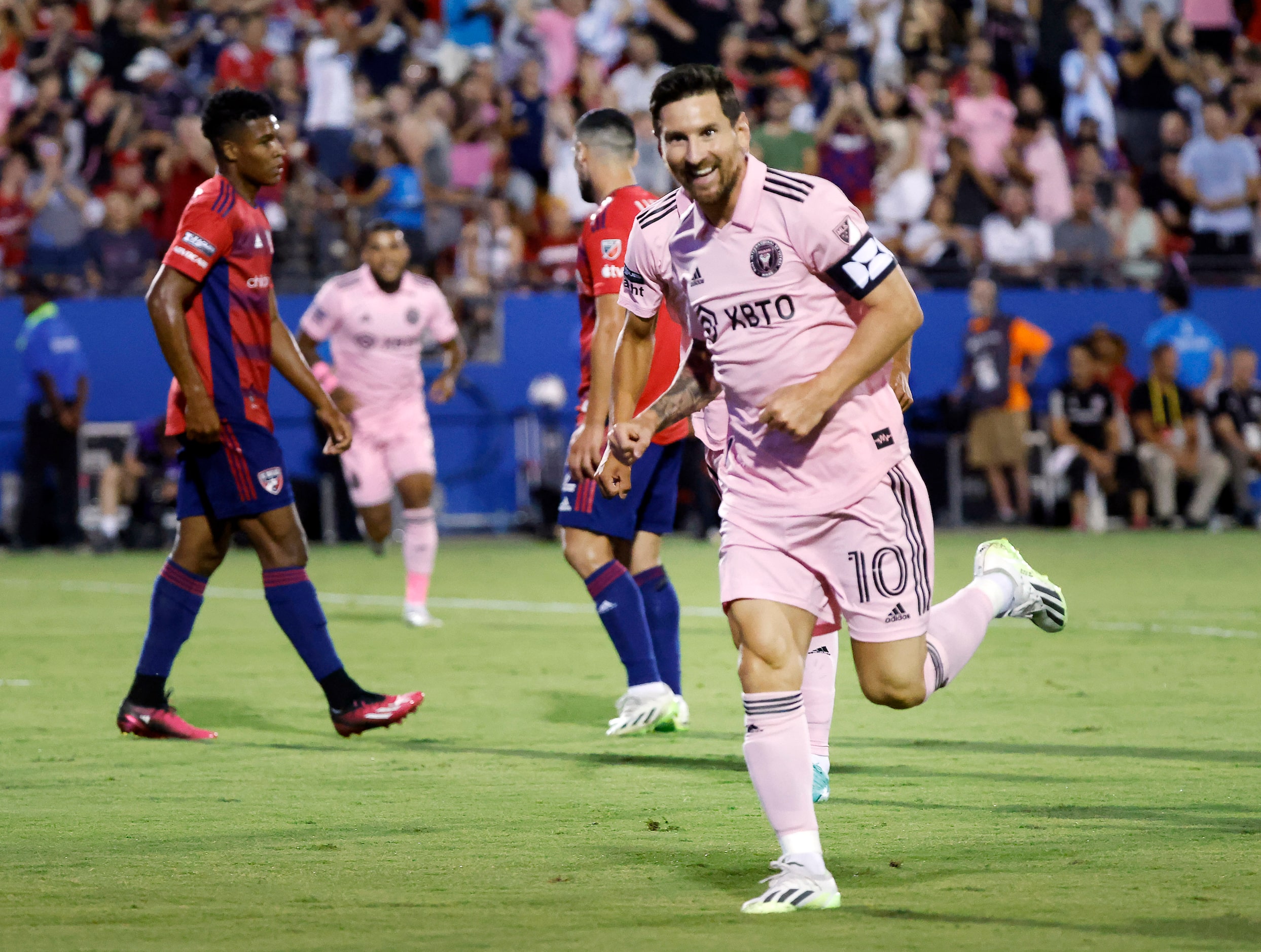 Inter Miami’s Lionel Messi (10) celebrates his first half goal agianst FC Dallas midfielder...