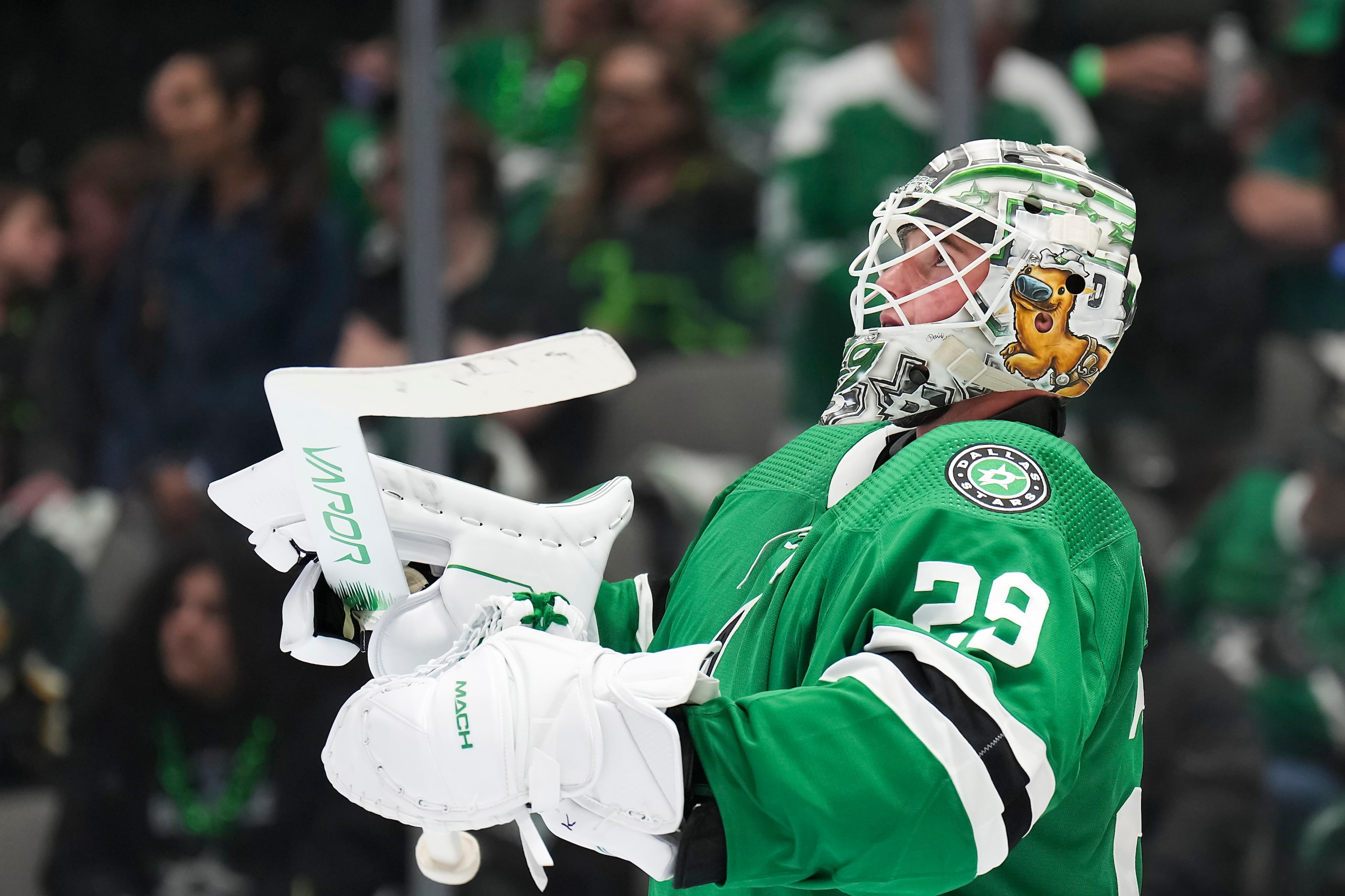 Dallas Stars goaltender Jake Oettinger (29) looks up during a timeout during the second...