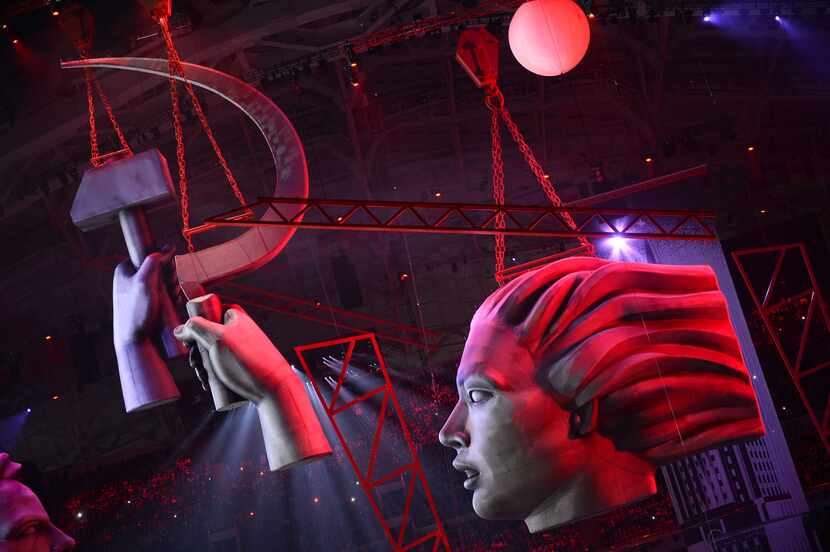 Sculptures cross the stage during the opening ceremony of the Sochi Winter Olympics at the...