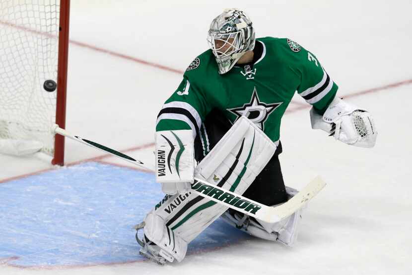Dallas Stars goalie Antti Niemi can't stop the shot allowing a goal by St. Louis Blues right...