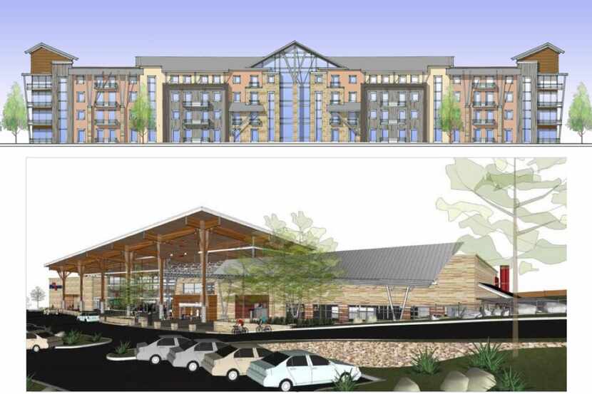  Preliminary plans show a mix of retail, commercial and apartment buildings designed in a...