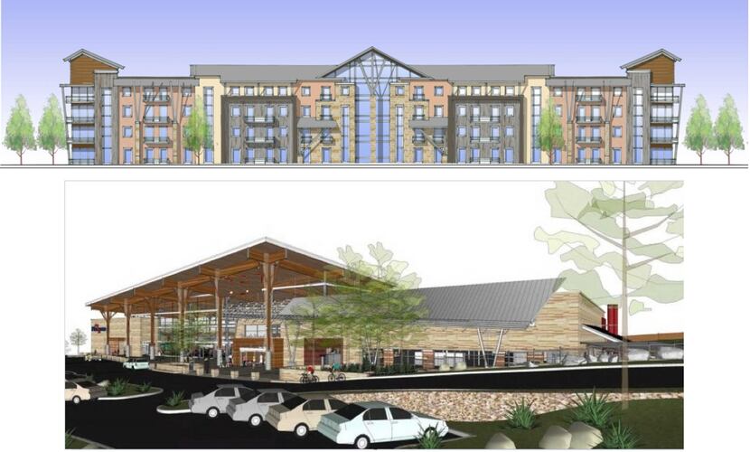  Preliminary plans show a mix of retail, commercial and apartment buildings designed in a...
