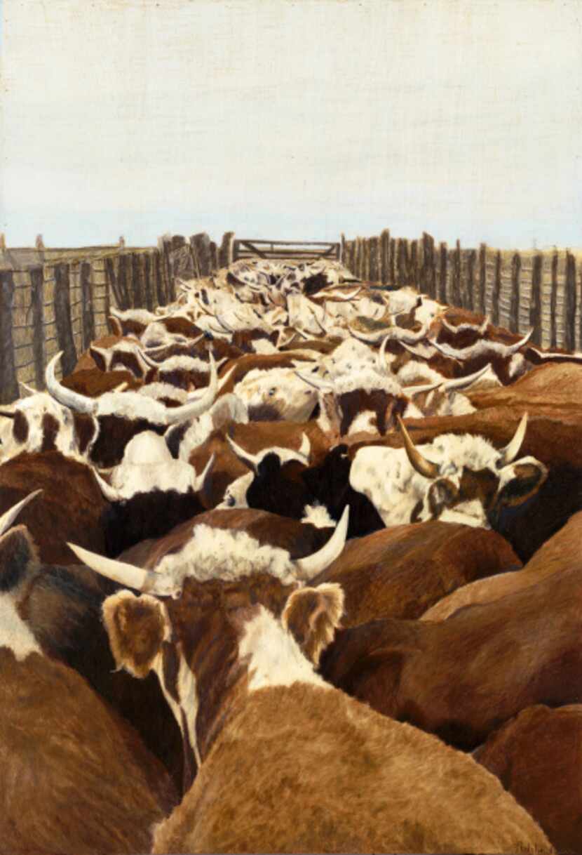  "Herefords in the Chute II, Edwards Ranch". mixed media on birch wood panel. 38 inches by...