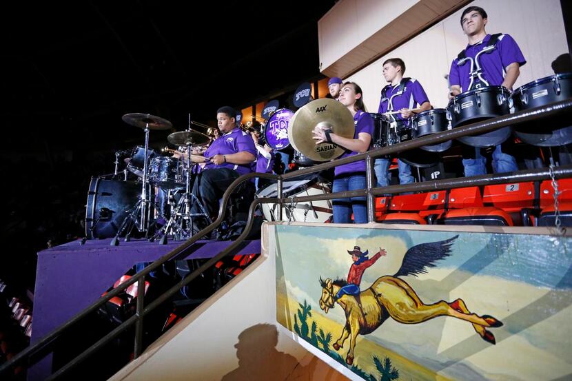 
TCU’s band entertained the crowd on TCU Night at the rodeo at Will Rogers Coliseum last...