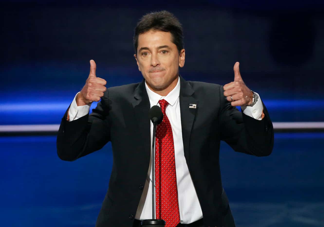 Actor Scott Baio gives a thumbs-up after promoting Donald Trump in a speech  during the...