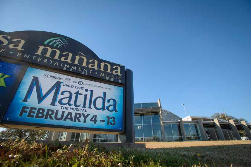 Exterior of Casa Mañana with Matilda on Marquee on February 11, 2022 in Fort Worth, Texas.