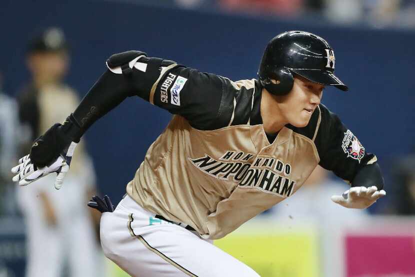 In this Saturday, April 8, 2017 photo, Japanese baseball player Shohei Otani of the Nippon...