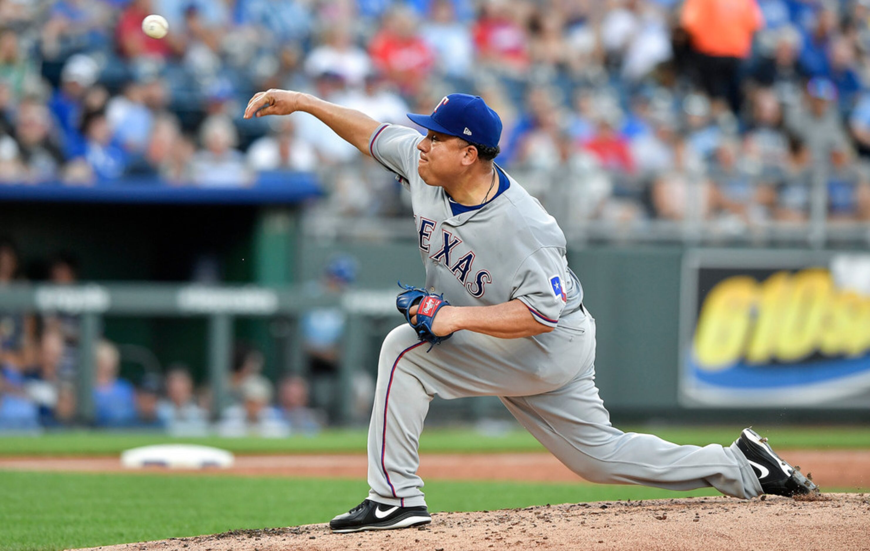 Texas Rangers starting pitcher Bartolo Colon throws in the second inning during Monday's...