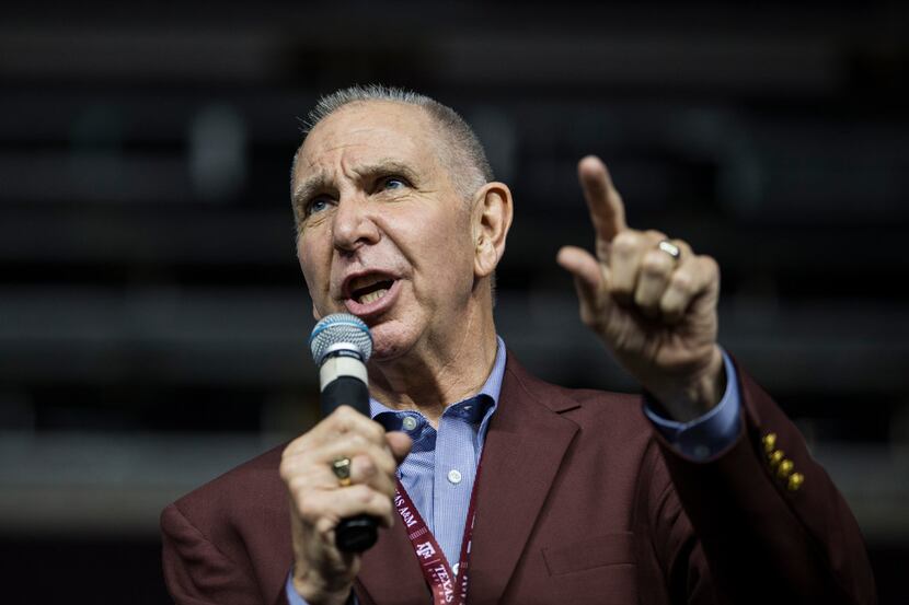 Texas A&M University President Michael Young speaks during Yell Practice on Wednesday,...