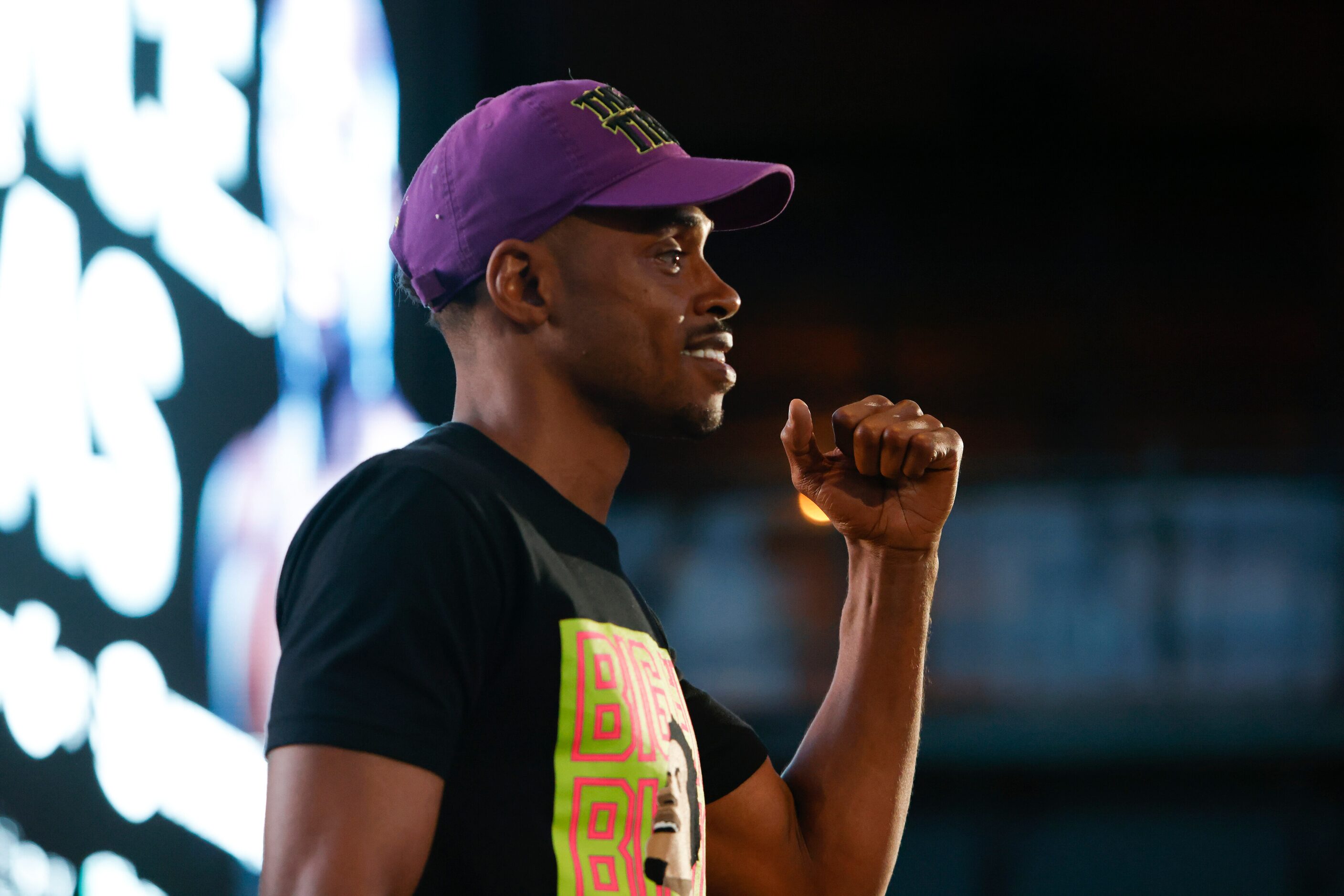 Errol Spence pumps his fist towards the crowd at the Texas Live! Media Workout, Wednesday,...