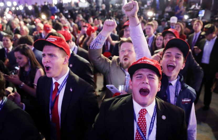 NEW YORK, NY - NOVEMBER 08:  Supporters of Republican presidential nominee Donald Trump...