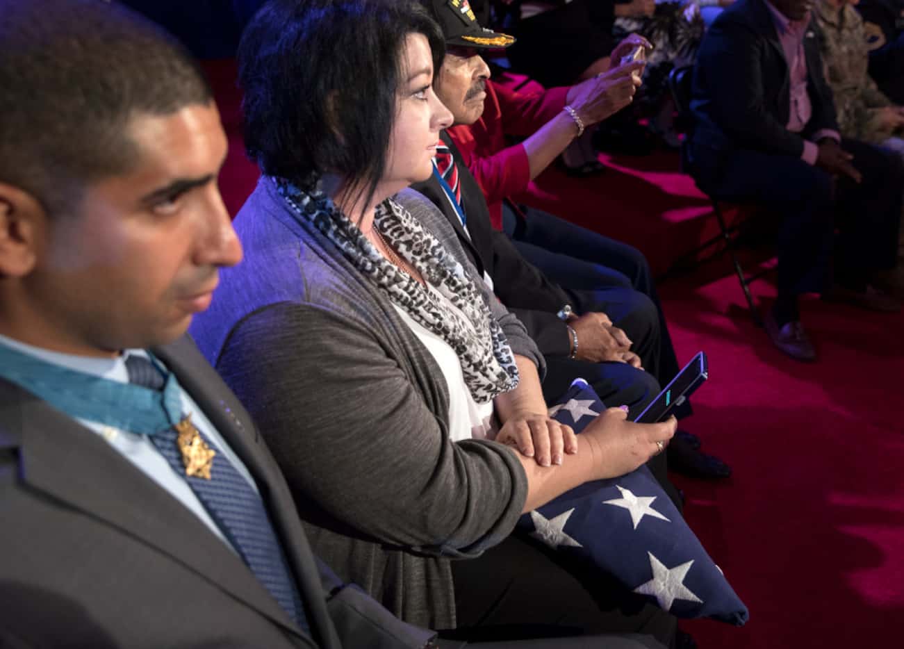 Audience members on hand as President Barack Obama spoke at a town hall with military...