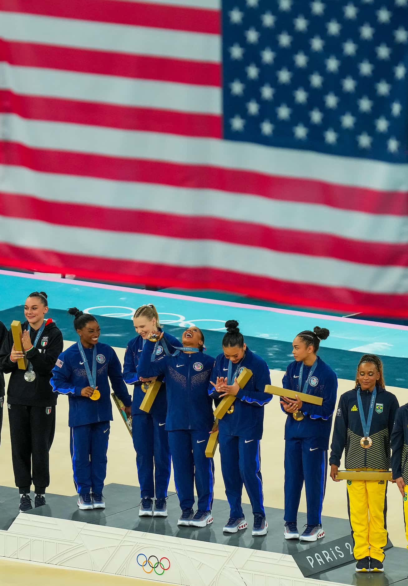 From left, Simone Biles, Jade Carey, Jordan Chiles, Suni Lee and Hezly Rivera of the United...